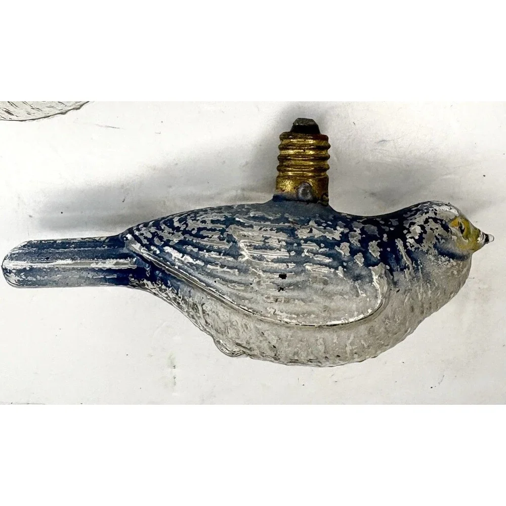 Bird Light Bulb Ornament Clear Glass Painted Blue Old• 5 Pc • Christmas Vintage